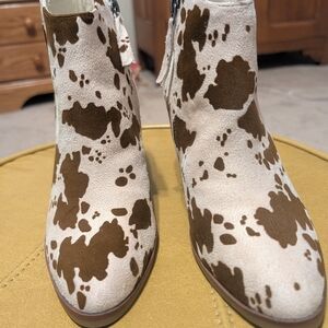 Brown & Cream Cow Print Ankle Boots - Women